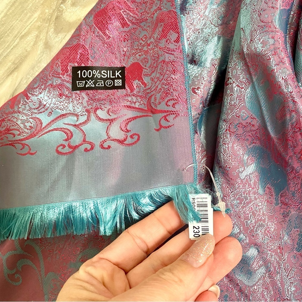 ✨ Enchanting SILK Pink and Teal SCARF/body wrap w Gypsy southwestern vibe - Picture 5 of 16